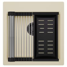 HD Infinity Beige 48 egymedencés gránit mosogatótálca szett, acél csepegtetőráccsal és matt fekete kosárral, soft bézs színben, matt fekete leeresztő szifonnal