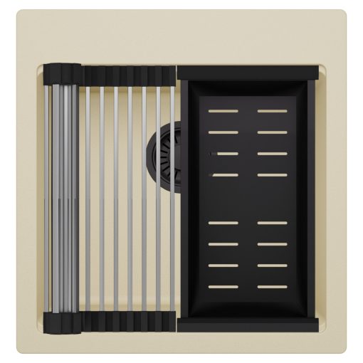 HD Infinity Beige 48 egymedencés gránit mosogatótálca szett, acél csepegtetőráccsal és matt fekete kosárral, soft bézs színben, matt fekete leeresztő szifonnal