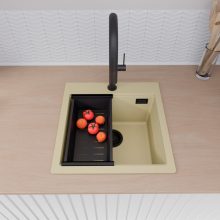 HD Infinity Beige 48 egymedencés gránit mosogatótálca szett, acél csepegtetőráccsal és matt fekete kosárral, soft bézs színben, matt fekete leeresztő szifonnal