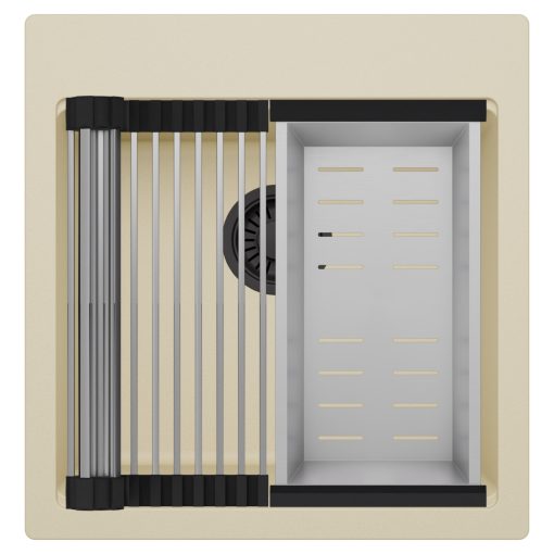 HD Infinity Beige 48 egymedencés gránit mosogatótálca szett, acél csepegtetőráccsal és kosárral, soft bézs színben, matt fekete leeresztő szifonnal