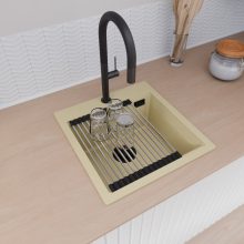 HD Infinity Beige 48 egymedencés gránit mosogatótálca szett, acél csepegtetőráccsal és kosárral, soft bézs színben, matt fekete leeresztő szifonnal