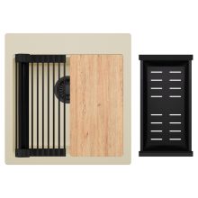 HD Infinity Beige 48 egymedencés gránit mosogatótálca szett, vágódeszkával, matt fekete csepegtetőráccsal és kosárral, soft bézs színben, matt fekete leeresztő szifonnal