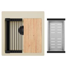 HD Infinity Beige 48 egymedencés gránit mosogatótálca szett, vágódeszkával, matt fekete csepegtetőráccsal és krómozott kosárral, soft bézs színben, matt fekete leeresztő szifonnal