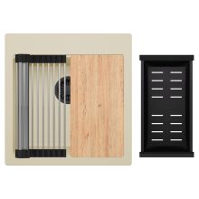 HD Infinity Beige 48 egymedencés gránit mosogatótálca szett, vágódeszkával, acél csepegtetőráccsal és matt fekete kosárral, soft bézs színben, matt fekete leeresztő szifonnal