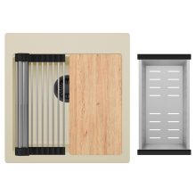 HD Infinity Beige 48 egymedencés gránit mosogatótálca szett, vágódeszkával, acél csepegtetőráccsal és kosárral, soft bézs színben, matt fekete leeresztő szifonnal