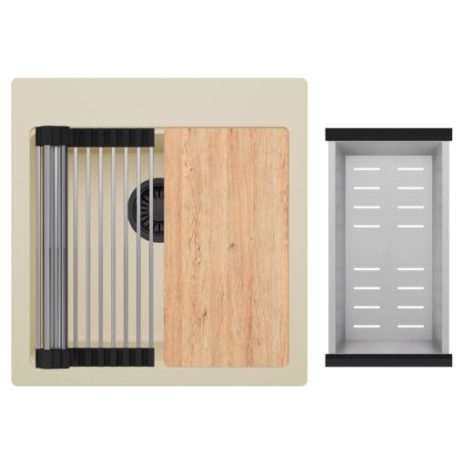 HD Infinity Beige 48 egymedencés gránit mosogatótálca szett, vágódeszkával, acél csepegtetőráccsal és kosárral, soft bézs színben, matt fekete leeresztő szifonnal