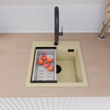 HD Infinity Beige 48 egymedencés gránit mosogatótálca szett, vágódeszkával, acél csepegtetőráccsal és kosárral, soft bézs színben, matt fekete leeresztő szifonnal