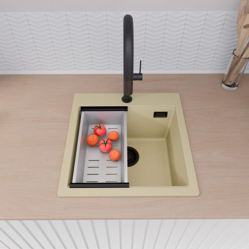 HD Infinity Beige 48 egymedencés gránit mosogatótálca szett, vágódeszkával, acél csepegtetőráccsal és kosárral, soft bézs színben, matt fekete leeresztő szifonnal