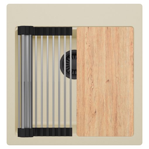 HD Infinity Beige 48 egymedencés gránit mosogatótálca szett, vágódeszkával, acél csepegtetőráccsal, soft bézs színben, matt fekete leeresztő szifonnal