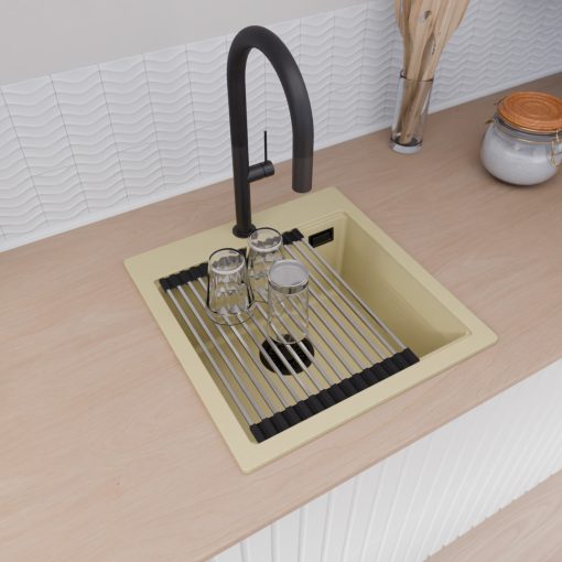 HD Infinity Beige 48 egymedencés gránit mosogatótálca szett, vágódeszkával, acél csepegtetőráccsal, soft bézs színben, matt fekete leeresztő szifonnal