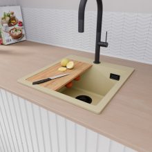 HD Infinity Beige 48 egymedencés gránit mosogatótálca szett, vágódeszkával, matt fekete csepegtetőkosárral, soft bézs színben, matt fekete leeresztő szifonnal