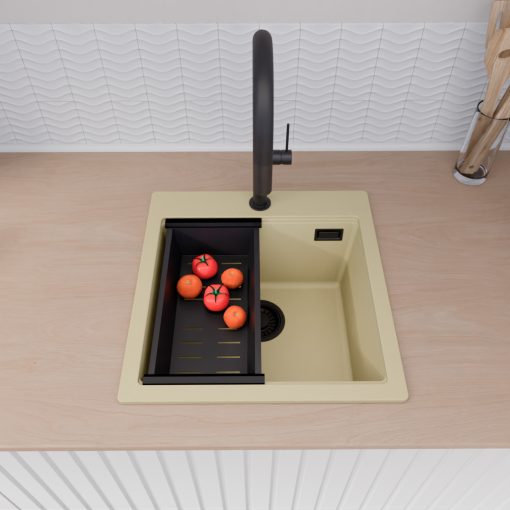 HD Infinity Beige 48 egymedencés gránit mosogatótálca szett, vágódeszkával, matt fekete csepegtetőkosárral, soft bézs színben, matt fekete leeresztő szifonnal