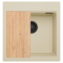 HD Infinity Beige 48 egymedencés gránit mosogatótálca, vágódeszkával, soft bézs színben, matt fekete leeresztő szifonnal