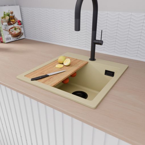 HD Infinity Beige 48 egymedencés gránit mosogatótálca, vágódeszkával, soft bézs színben, matt fekete leeresztő szifonnal
