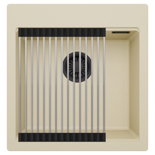 HD Infinity Beige 48 egymedencés gránit mosogatótálca szett, acél csepegtetőráccsal, soft bézs színben, matt fekete leeresztő szifonnal