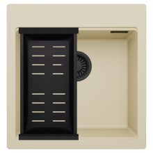 HD Infinity Beige 48 egymedencés gránit mosogatótálca szett, matt fekete csepegtetőkosárral, soft bézs színben, matt fekete leeresztő szifonnal