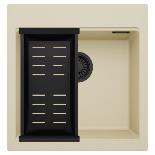 HD Infinity Beige 48 egymedencés gránit mosogatótálca szett, matt fekete csepegtetőkosárral, soft bézs színben, matt fekete leeresztő szifonnal