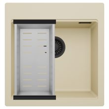 HD Infinity Beige 48 egymedencés gránit mosogatótálca szett, acél csepegtetőkosárral, soft bézs színben, matt fekete leeresztő szifonnal