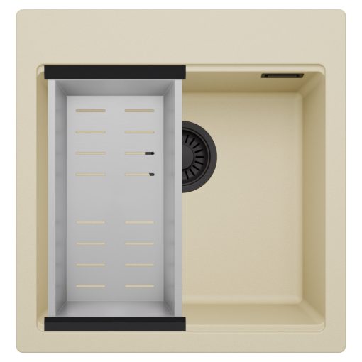 HD Infinity Beige 48 egymedencés gránit mosogatótálca szett, acél csepegtetőkosárral, soft bézs színben, matt fekete leeresztő szifonnal