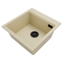 HD Infinity Beige 48 egymedencés gránit mosogatótálca, soft bézs színben, matt fekete leeresztő szifonnal