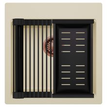 HD Infinity Beige 48 egymedencés gránit mosogatótálca szett, matt fekete csepegtetőráccsal és kosárral, soft bézs színben, szálcsiszolt réz leeresztő szifonnal