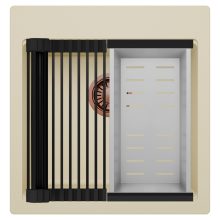 HD Infinity Beige 48 egymedencés gránit mosogatótálca szett, matt fekete csepegtetőráccsal és krómozott kosárral, soft bézs színben, szálcsiszolt réz leeresztő szifonnal