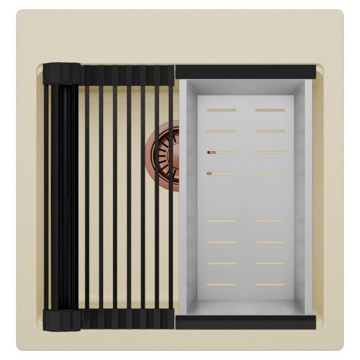 HD Infinity Beige 48 egymedencés gránit mosogatótálca szett, matt fekete csepegtetőráccsal és krómozott kosárral, soft bézs színben, szálcsiszolt réz leeresztő szifonnal