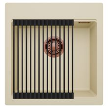 HD Infinity Beige 48 egymedencés gránit mosogatótálca szett, matt fekete csepegtetőráccsal, soft bézs színben, szálcsiszolt réz leeresztő szifonnal