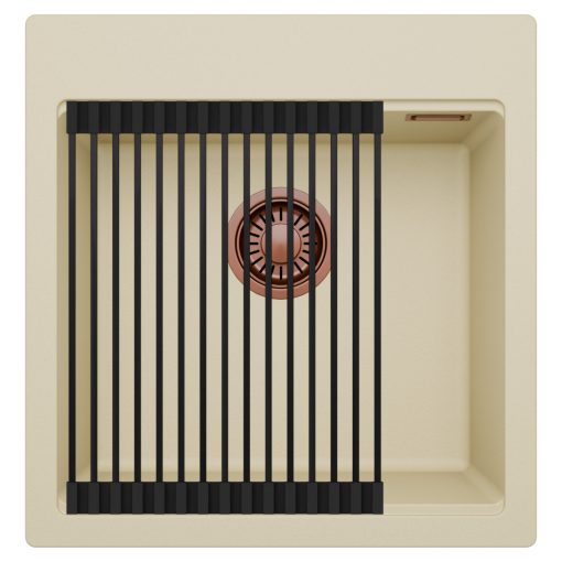 HD Infinity Beige 48 egymedencés gránit mosogatótálca szett, matt fekete csepegtetőráccsal, soft bézs színben, szálcsiszolt réz leeresztő szifonnal