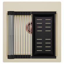 HD Infinity Beige 48 egymedencés gránit mosogatótálca szett, acél csepegtetőráccsal és matt fekete kosárral, soft bézs színben, szálcsiszolt réz leeresztő szifonnal