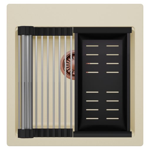 HD Infinity Beige 48 egymedencés gránit mosogatótálca szett, acél csepegtetőráccsal és matt fekete kosárral, soft bézs színben, szálcsiszolt réz leeresztő szifonnal