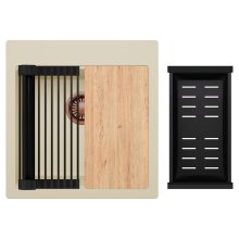 HD Infinity Beige 48 egymedencés gránit mosogatótálca szett, vágódeszkával, matt fekete csepegtetőráccsal és kosárral, soft bézs színben, szálcsiszolt réz leeresztő szifonnal