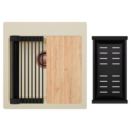 HD Infinity Beige 48 egymedencés gránit mosogatótálca szett, vágódeszkával, matt fekete csepegtetőráccsal és kosárral, soft bézs színben, szálcsiszolt réz leeresztő szifonnal