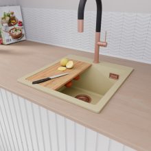 HD Infinity Beige 48 egymedencés gránit mosogatótálca szett, vágódeszkával, matt fekete csepegtetőráccsal és kosárral, soft bézs színben, szálcsiszolt réz leeresztő szifonnal