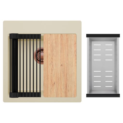 HD Infinity Beige 48 egymedencés gránit mosogatótálca szett, vágódeszkával, matt fekete csepegtetőráccsal és krómozott kosárral, soft bézs színben, szálcsiszolt réz leeresztő szifonnal