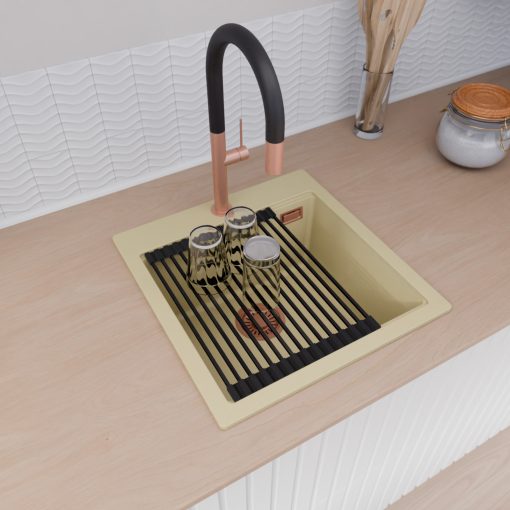 HD Infinity Beige 48 egymedencés gránit mosogatótálca szett, vágódeszkával, matt fekete csepegtetőráccsal, soft bézs színben, szálcsiszolt réz leeresztő szifonnal