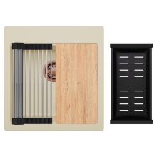 HD Infinity Beige 48 egymedencés gránit mosogatótálca szett, vágódeszkával, acél csepegtetőráccsal és matt fekete kosárral, soft bézs színben, szálcsiszolt réz leeresztő szifonnal