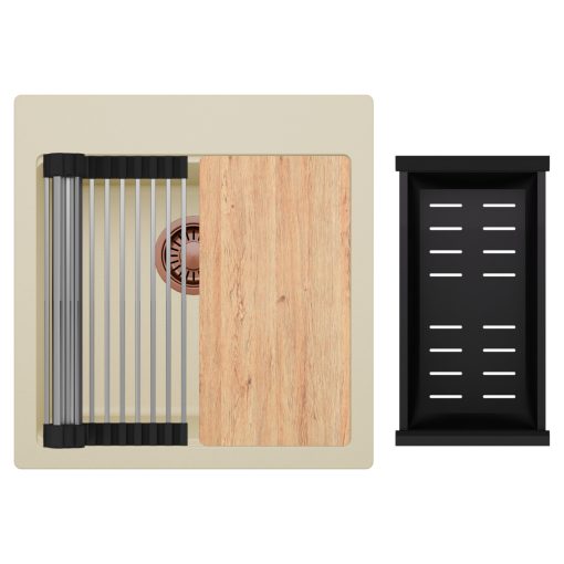 HD Infinity Beige 48 egymedencés gránit mosogatótálca szett, vágódeszkával, acél csepegtetőráccsal és matt fekete kosárral, soft bézs színben, szálcsiszolt réz leeresztő szifonnal