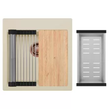 HD Infinity Beige 48 egymedencés gránit mosogatótálca szett, vágódeszkával, acél csepegtetőráccsal és kosárral, soft bézs színben, szálcsiszolt réz leeresztő szifonnal