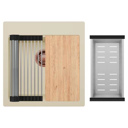 HD Infinity Beige 48 egymedencés gránit mosogatótálca szett, vágódeszkával, acél csepegtetőráccsal és kosárral, soft bézs színben, szálcsiszolt réz leeresztő szifonnal