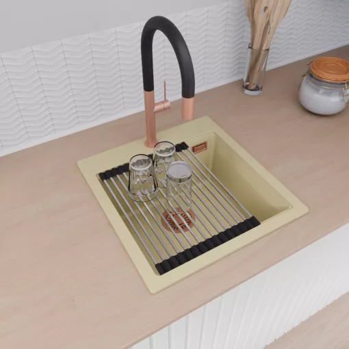 HD Infinity Beige 48 egymedencés gránit mosogatótálca szett, vágódeszkával, acél csepegtetőráccsal és kosárral, soft bézs színben, szálcsiszolt réz leeresztő szifonnal