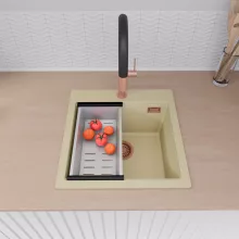 HD Infinity Beige 48 egymedencés gránit mosogatótálca szett, vágódeszkával, acél csepegtetőráccsal és kosárral, soft bézs színben, szálcsiszolt réz leeresztő szifonnal