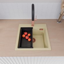 HD Infinity Beige 48 egymedencés gránit mosogatótálca szett, vágódeszkával, matt fekete csepegtetőkosárral, soft bézs színben, szálcsiszolt réz leeresztő szifonnal