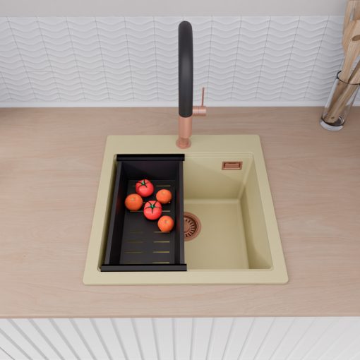 HD Infinity Beige 48 egymedencés gránit mosogatótálca szett, vágódeszkával, matt fekete csepegtetőkosárral, soft bézs színben, szálcsiszolt réz leeresztő szifonnal