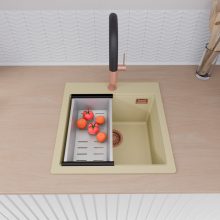 HD Infinity Beige 48 egymedencés gránit mosogatótálca szett, vágódeszkával, acél csepegtetőkosárral, soft bézs színben, szálcsiszolt réz leeresztő szifonnal