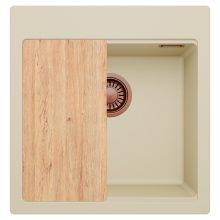 HD Infinity Beige 48 egymedencés gránit mosogatótálca, vágódeszkával, soft bézs színben, szálcsiszolt réz leeresztő szifonnal