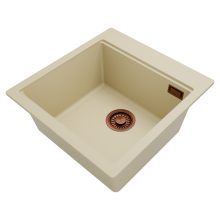 HD Infinity Beige 48 egymedencés gránit mosogatótálca, vágódeszkával, soft bézs színben, szálcsiszolt réz leeresztő szifonnal