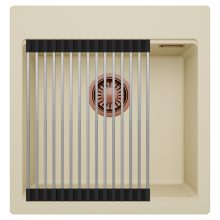 HD Infinity Beige 48 egymedencés gránit mosogatótálca szett, acél csepegtetőráccsal, soft bézs színben, szálcsiszolt réz leeresztő szifonnal