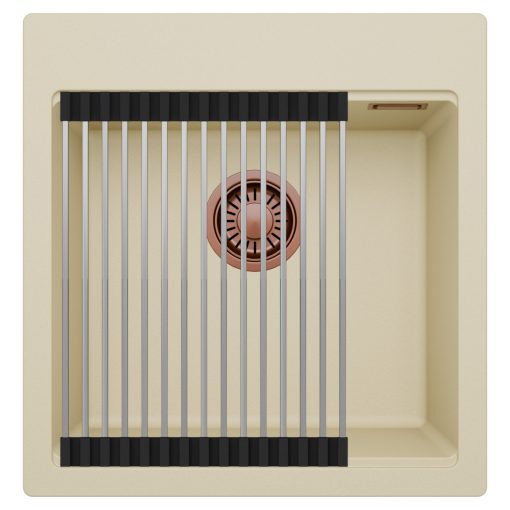 HD Infinity Beige 48 egymedencés gránit mosogatótálca szett, acél csepegtetőráccsal, soft bézs színben, szálcsiszolt réz leeresztő szifonnal