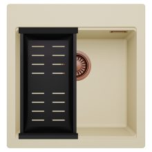 HD Infinity Beige 48 egymedencés gránit mosogatótálca szett, matt fekete csepegtetőkosárral, soft bézs színben, szálcsiszolt réz leeresztő szifonnal